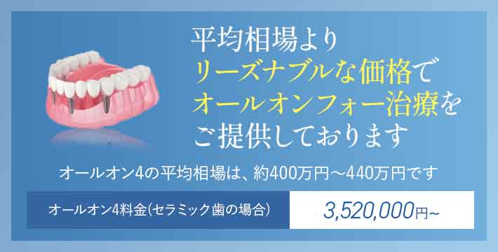 平均相場よりリーズナブルな価格でオールオンフォー治療をご提供しております